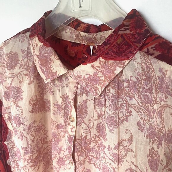 Free People Rose Bud Paisley Cotton Oversized Boho Blouse Red Cream Lightweight - Picture 9 of 14